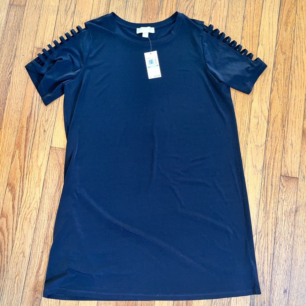 NWT Michael Kors Womens 1X MIDI Dress Black Stretch Cotton Cutout Short Sleeve